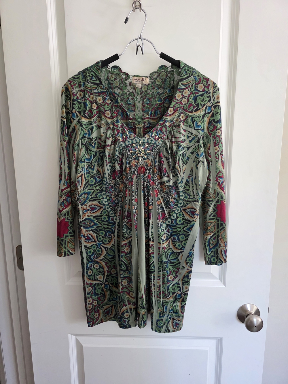 ONE WORLD Green Paisley Embellished Boho Top